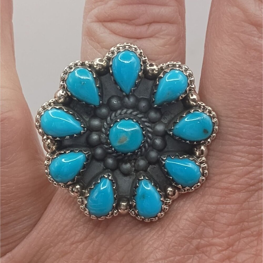 Southwest Sterling Silver Petit Point Turquoise Cluster Ring Size 6